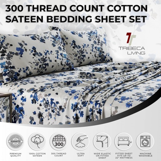 Floral Queen Bed Sheet Set, 300 TC Cotton Sateen, Extra Deep Pockets, 4-Piece