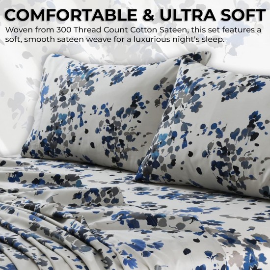 Floral Queen Bed Sheet Set, 300 TC Cotton Sateen, Extra Deep Pockets, 4-Piece