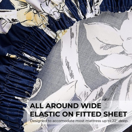 Floral Queen Bed Sheet Set, 300 TC Cotton Sateen, Extra Deep Pockets, 4-Piece