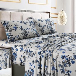 Floral Queen Bed Sheet Set, 300 TC Cotton Sateen, Extra Deep Pockets, 4-Piece