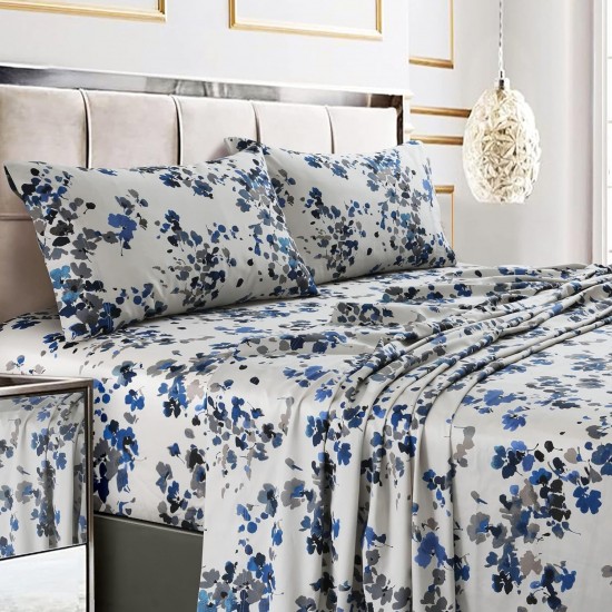 Floral Queen Bed Sheet Set, 300 TC Cotton Sateen, Extra Deep Pockets, 4-Piece