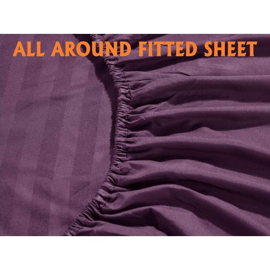 6-Piece Damask Stripe Bed Sheet Set, Queen, Eggplant/Purple