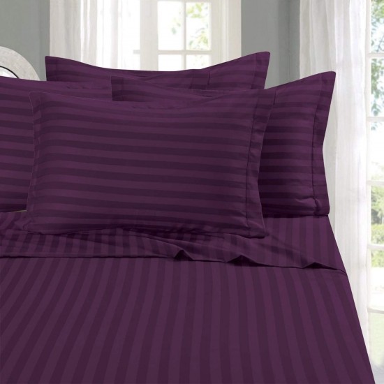 6-Piece Damask Stripe Bed Sheet Set, Queen, Eggplant/Purple