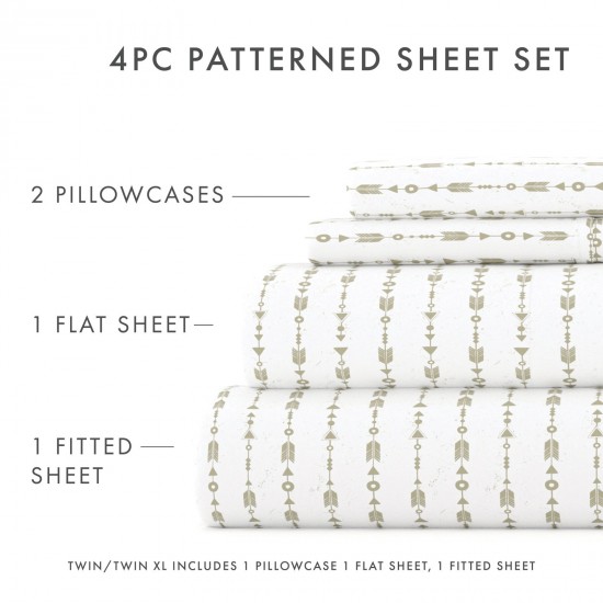 4 Piece Pattern Microfiber Bed Sheets Set Sage Beaded Arrows King