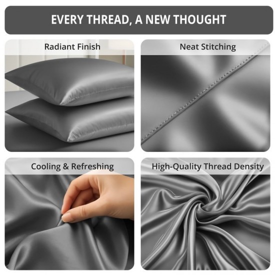Bed Sheets Satin Luxury Queen - 4 Piece Cooling, Silky Soft, Deep Pockets (Grey)