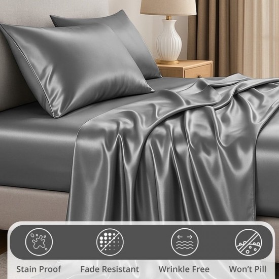 Bed Sheets Satin Luxury Queen - 4 Piece Cooling, Silky Soft, Deep Pockets (Grey)