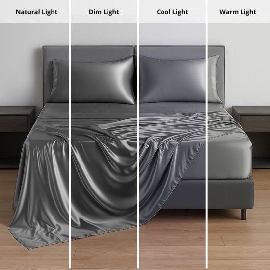 Bed Sheets Satin Luxury Queen - 4 Piece Cooling, Silky Soft, Deep Pockets (Grey)