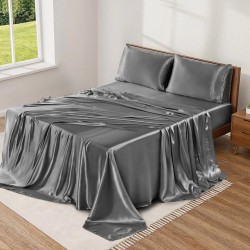 Bed Sheets Satin Luxury Queen - 4 Piece Cooling, Silky Soft, Deep Pockets (Grey)